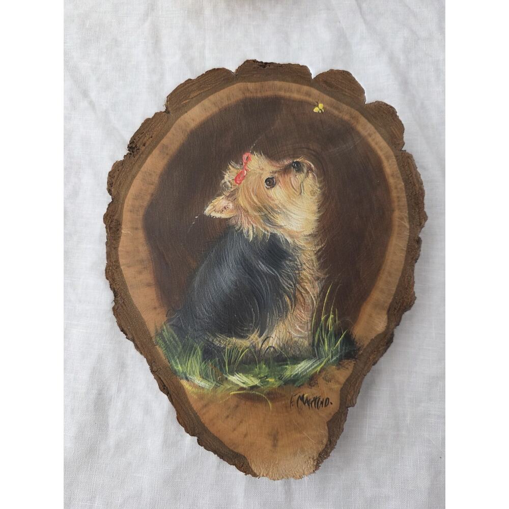 Yorkie Dog Hand Painted on Wood Slab Art Wall Hanging Fran Martin Dixon Signed